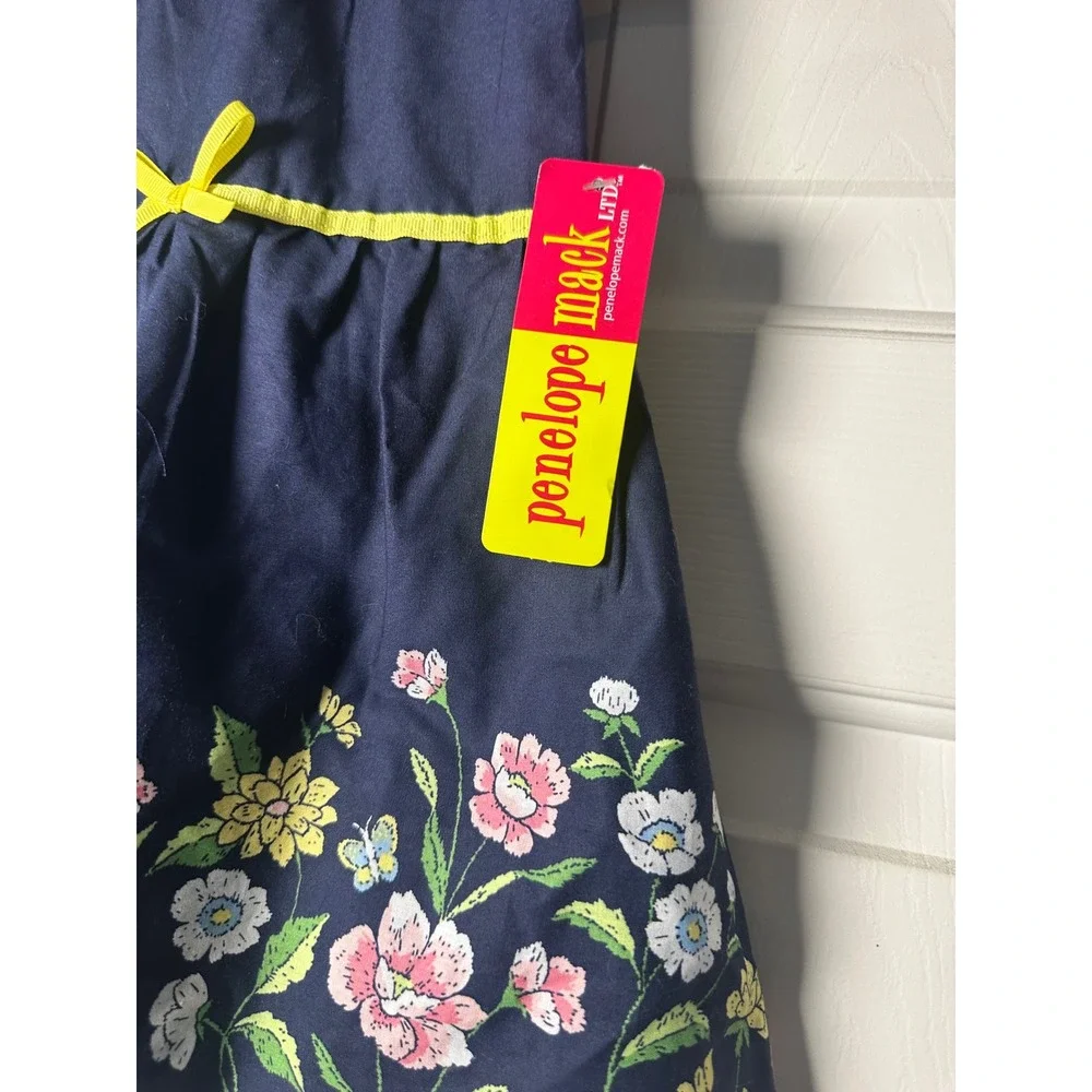 Penelope Mack‎ Navy Blue Floral Print 12 M Spring Dress with Yellow Trim NWT